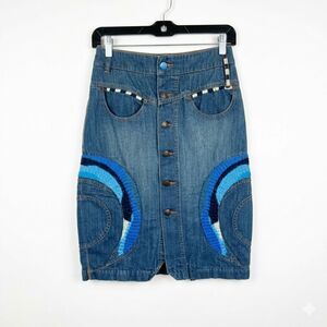 Oilily Vintage Embroidered Denim Skirt Size 36 Blue Boho Midi US 4/6